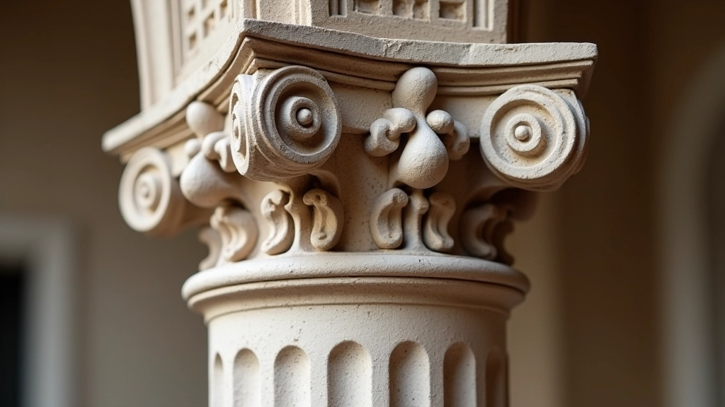 Detailní pohled na zpracování sloupu, kapitálu a dekorativních prvků kolonády