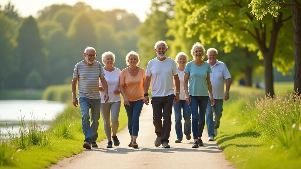 Skupina seniorů společně procházející se po krásné promenádě