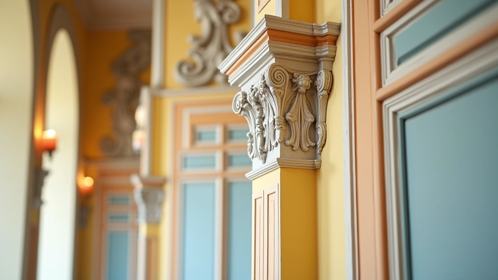 Detail architektonických prvků s dekorativními prvky a barevným nátěrem