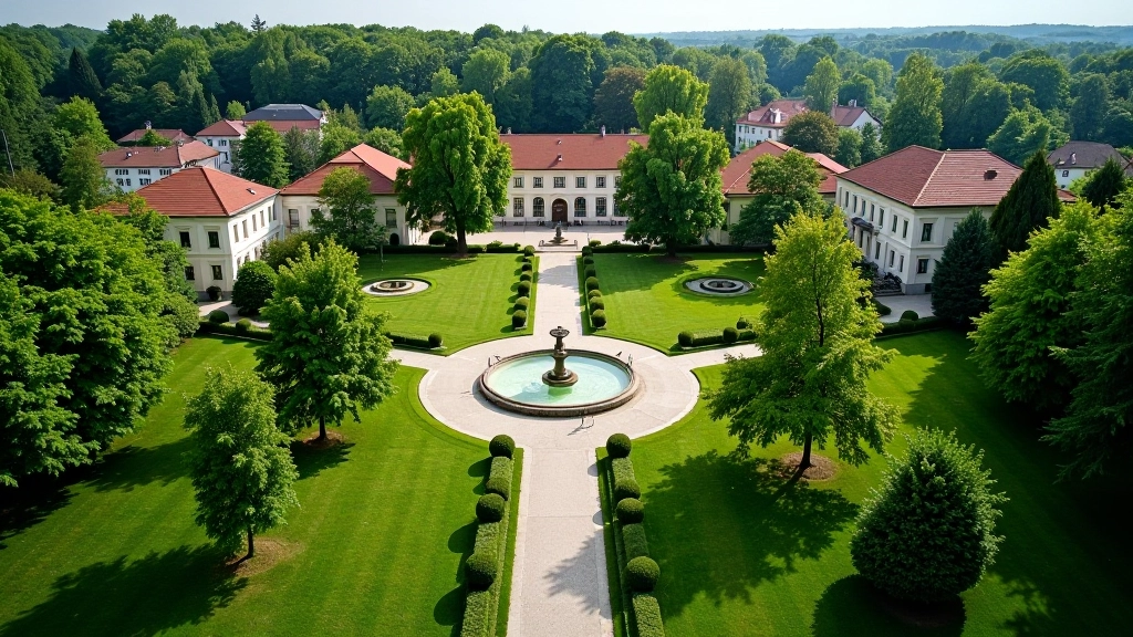 Poněkud vzdálený pohled na lázeňské parky s budovami a zelení v Poděbradech